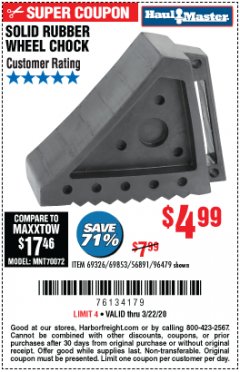 Harbor Freight Coupon SOLID RUBBER WHEEL CHOCK Lot No. 69326/69853/56891/96479 Expired: 3/22/20 - $4.99