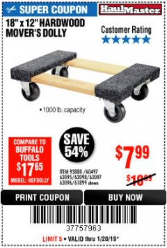 Harbor Freight Coupon 18" X 12" HARDWOOD MOVER'S DOLLY Lot No. 93888/60497/61899/62399/63095/63096/63097/63098 Expired: 1/20/19 - $7.99