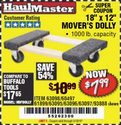 Harbor Freight Coupon 18" X 12" HARDWOOD MOVER'S DOLLY Lot No. 93888/60497/61899/62399/63095/63096/63097/63098 Expired: 5/18/19 - $7.99