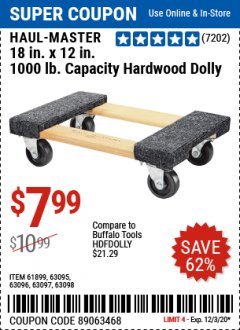 Harbor Freight Coupon 18" X 12" HARDWOOD MOVER'S DOLLY Lot No. 93888/60497/61899/62399/63095/63096/63097/63098 Expired: 12/3/20 - $7.99