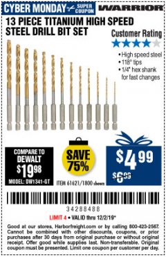 Harbor Freight Coupon 13 PIECE TITANIUM NITRIDE COATED HIGH SPEED STEEL DRILL BITS Lot No. 1800/61621 Expired: 12/2/19 - $4.99