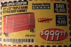Harbor Freight Coupon US GENERAL 72" X 22" TRIPLE BANK EXTRA DEEP CABINET Lot No. 61656/64167/64003/64004 Expired: 2/28/19 - $999.99