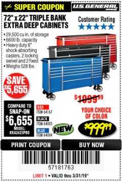 Harbor Freight Coupon US GENERAL 72" X 22" TRIPLE BANK EXTRA DEEP CABINET Lot No. 61656/64167/64003/64004 Expired: 3/31/19 - $999.99