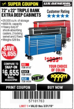 Harbor Freight Coupon US GENERAL 72" X 22" TRIPLE BANK EXTRA DEEP CABINET Lot No. 61656/64167/64003/64004 Expired: 3/31/19 - $999.99