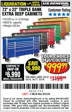Harbor Freight Coupon US GENERAL 72" X 22" TRIPLE BANK EXTRA DEEP CABINET Lot No. 61656/64167/64003/64004 Expired: 3/31/20 - $999.99