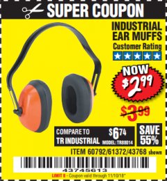 Harbor Freight Coupon INDUSTRIAL EAR MUFFS2 Lot No. 43768/60792/61372 Expired: 11/10/18 - $2.99