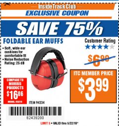 Harbor Freight ITC Coupon EAR MUFFS Lot No. 94334 Expired: 5/22/18 - $3.99