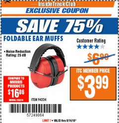 Harbor Freight ITC Coupon EAR MUFFS Lot No. 94334 Expired: 8/14/18 - $3.99