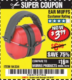 Harbor Freight Coupon EAR MUFFS Lot No. 94334 Expired: 10/18/18 - $3.99