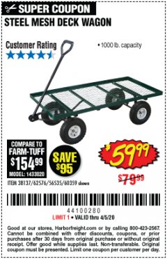 Harbor Freight Coupon STEEL MESH DECK WAGON Lot No. 60359/38137/62576 Expired: 6/30/20 - $59.99