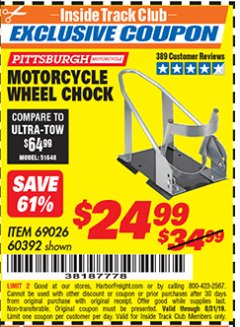 Harbor Freight ITC Coupon MOTORCYCLE WHEEL CHOCK Lot No. 51648 Expired: 8/31/19 - $24.99