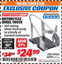 Harbor Freight ITC Coupon MOTORCYCLE WHEEL CHOCK Lot No. 51648 Expired: 11/30/19 - $24.99