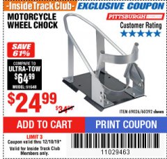 Harbor Freight ITC Coupon MOTORCYCLE WHEEL CHOCK Lot No. 51648 Expired: 12/18/19 - $24.99