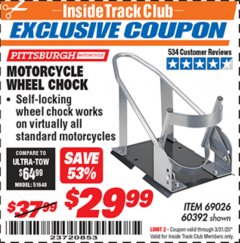 Harbor Freight ITC Coupon MOTORCYCLE WHEEL CHOCK Lot No. 51648 Expired: 3/31/20 - $29.99