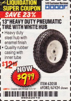 Harbor Freight Coupon 13" PNEUMATIC TIRE WITH WHITE HUB Lot No. 69382/67424 Expired: 5/31/19 - $9.99