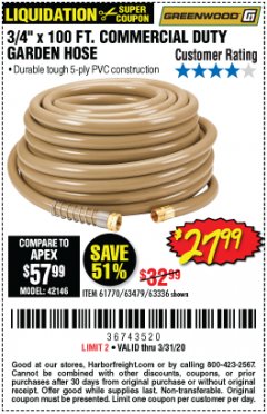 Harbor Freight Coupon 3/4" X 100 FT. COMMERCIAL DUTY GARDEN HOSE Lot No. 67020/61770/61906/63479/63336 Expired: 3/31/20 - $27.99