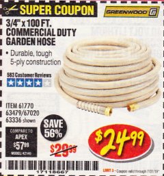 Harbor Freight Coupon 3/4" X 100 FT. COMMERCIAL DUTY GARDEN HOSE Lot No. 67020/61770/61906/63479/63336 Expired: 7/31/19 - $24.99