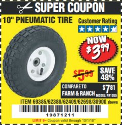 Harbor Freight Coupon 10" PNEUMATIC TIRE HaulMaster Lot No. 30900/62388/62409/62698/69385 Expired: 10/1/18 - $3.99