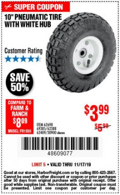 Harbor Freight Coupon 10" PNEUMATIC TIRE HaulMaster Lot No. 30900/62388/62409/62698/69385 Expired: 11/19/19 - $3.99