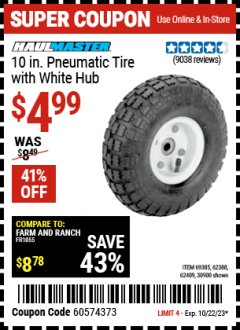Harbor Freight Coupon 10" PNEUMATIC TIRE HaulMaster Lot No. 30900/62388/62409/62698/69385 Expired: 10/22/23 - $4.99