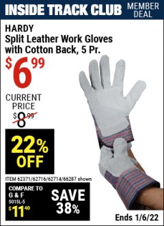 Harbor Freight ITC Coupon SPLIT LEATHER WORK GLOVES 5 PAIR Lot No. 60450/62371/62716/62714/66287 Expired: 1/6/22 - $6.99
