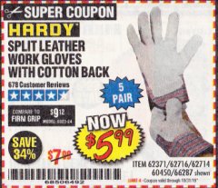 Harbor Freight Coupon SPLIT LEATHER WORK GLOVES 5 PAIR Lot No. 60450/62371/62716/62714/66287 Expired: 10/31/19 - $5.99