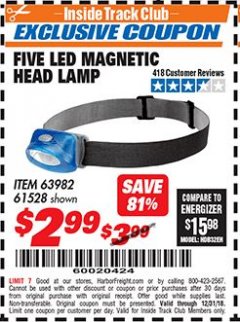 Harbor Freight ITC Coupon FIVE LED MAGNETIC HEAD LAMP Lot No. 61528/93549 Expired: 12/31/18 - $2.99
