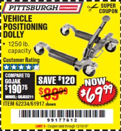 Harbor Freight Coupon VEHICLE POSITIONING WHEEL DOLLY Lot No. 67287/61917/62234 Expired: 12/10/18 - $69.99