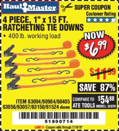 Harbor Freight Coupon 4 PIECE 1" X 15 FT. RATCHETING TIE DOWNS Lot No. 90984/60405/61524/62322/63056/63057/63150 Expired: 7/19/19 - $6.99