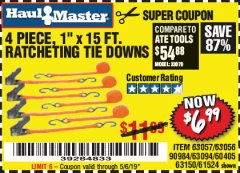 Harbor Freight Coupon 4 PIECE 1" X 15 FT. RATCHETING TIE DOWNS Lot No. 90984/60405/61524/62322/63056/63057/63150 Expired: 5/6/19 - $6.99