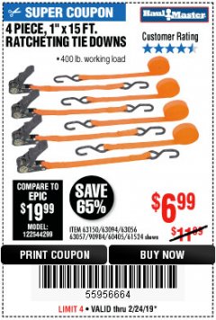 Harbor Freight Coupon 4 PIECE 1" X 15 FT. RATCHETING TIE DOWNS Lot No. 90984/60405/61524/62322/63056/63057/63150 Expired: 2/24/19 - $6.99