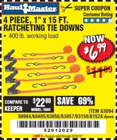 Harbor Freight Coupon 4 PIECE 1" X 15 FT. RATCHETING TIE DOWNS Lot No. 90984/60405/61524/62322/63056/63057/63150 Expired: 6/28/19 - $6.99