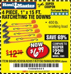 Harbor Freight Coupon 4 PIECE 1" X 15 FT. RATCHETING TIE DOWNS Lot No. 90984/60405/61524/62322/63056/63057/63150 Expired: 2/27/20 - $6.99