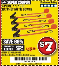 Harbor Freight Coupon 4 PIECE 1" X 15 FT. RATCHETING TIE DOWNS Lot No. 90984/60405/61524/62322/63056/63057/63150 Expired: 6/30/20 - $7