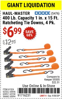 Harbor Freight Coupon 4 PIECE 1" X 15 FT. RATCHETING TIE DOWNS Lot No. 90984/60405/61524/62322/63056/63057/63150 Expired: 9/30/20 - $6.99