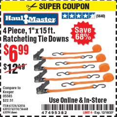 Harbor Freight Coupon 4 PIECE 1" X 15 FT. RATCHETING TIE DOWNS Lot No. 90984/60405/61524/62322/63056/63057/63150 Expired: 12/18/20 - $6.99