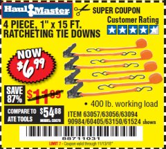 Harbor Freight Coupon 4 PIECE 1" X 15 FT. RATCHETING TIE DOWNS Lot No. 90984/60405/61524/62322/63056/63057/63150 Expired: 11/13/18 - $6.99