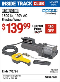 Harbor Freight Coupon BADLAND 1500 LB., 120V AC ELECTRIC WINCH Lot No. 61672/96127 Valid: 12/31/69 - 7/2/26 - $139.99