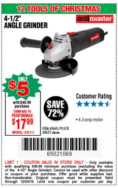 Harbor Freight Coupon DRILLMASTER 4-1/2" ANGLE GRINDER Lot No. 69645/60625 Expired: 12/24/19 - $5
