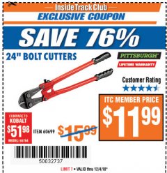 Harbor Freight ITC Coupon 24" BOLT CUTTERS Lot No. 60699/41149 Expired: 12/4/18 - $11.99
