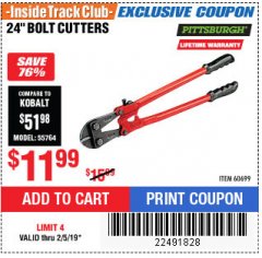 Harbor Freight ITC Coupon 24" BOLT CUTTERS Lot No. 60699/41149 Expired: 2/5/19 - $11.99