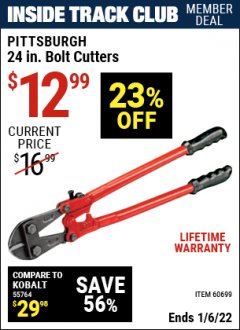 Harbor Freight ITC Coupon 24" BOLT CUTTERS Lot No. 60699/41149 Expired: 1/6/22 - $12.99