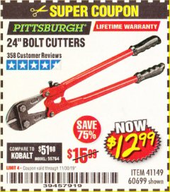 Harbor Freight Coupon 24" BOLT CUTTERS Lot No. 60699/41149 Expired: 10/30/19 - $12.99