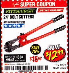 Harbor Freight Coupon 24" BOLT CUTTERS Lot No. 60699/41149 Expired: 3/31/20 - $12.99