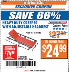 Harbor Freight ITC Coupon HEAVY DUTY CREEPER WITH ADJUSTABLE HEADREST Lot No. 63311/56383/46087 Expired: 10/9/18 - $24.99