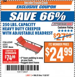 Harbor Freight ITC Coupon HEAVY DUTY CREEPER WITH ADJUSTABLE HEADREST Lot No. 63311/56383/46087 Expired: 11/6/18 - $24.99