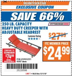 Harbor Freight ITC Coupon HEAVY DUTY CREEPER WITH ADJUSTABLE HEADREST Lot No. 63311/56383/46087 Expired: 12/11/18 - $24.99