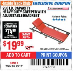Harbor Freight ITC Coupon HEAVY DUTY CREEPER WITH ADJUSTABLE HEADREST Lot No. 63311/56383/46087 Expired: 2/5/19 - $19.99