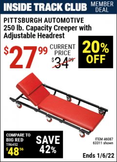 Harbor Freight ITC Coupon HEAVY DUTY CREEPER WITH ADJUSTABLE HEADREST Lot No. 63311/56383/46087 Expired: 1/6/22 - $27.99