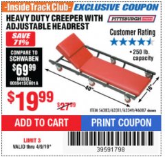 Harbor Freight ITC Coupon HEAVY DUTY CREEPER WITH ADJUSTABLE HEADREST Lot No. 63311/56383/46087 Expired: 4/9/19 - $19.99